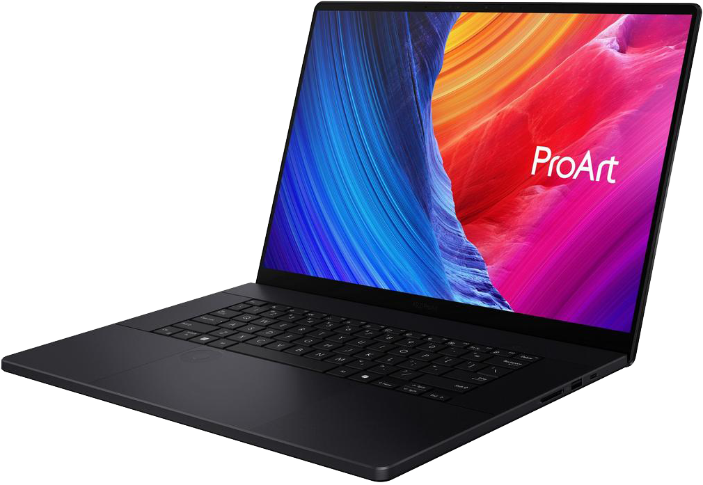 Fekete laptop színes képernyővel, ProArt logóval.