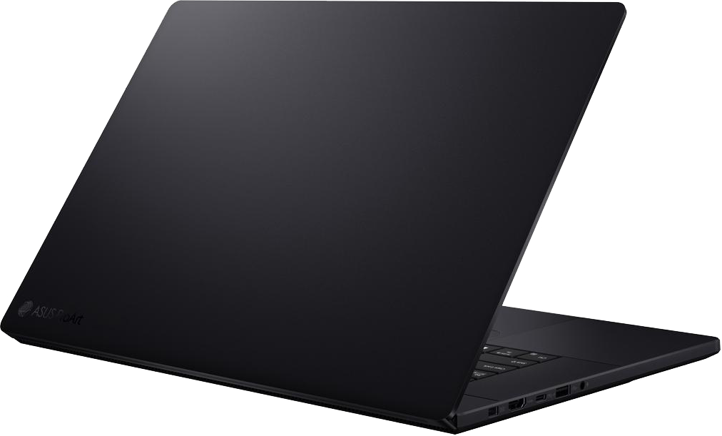 Fekete laptop ASUS ProArt logóval, hátulról, nyitott fedéllel.