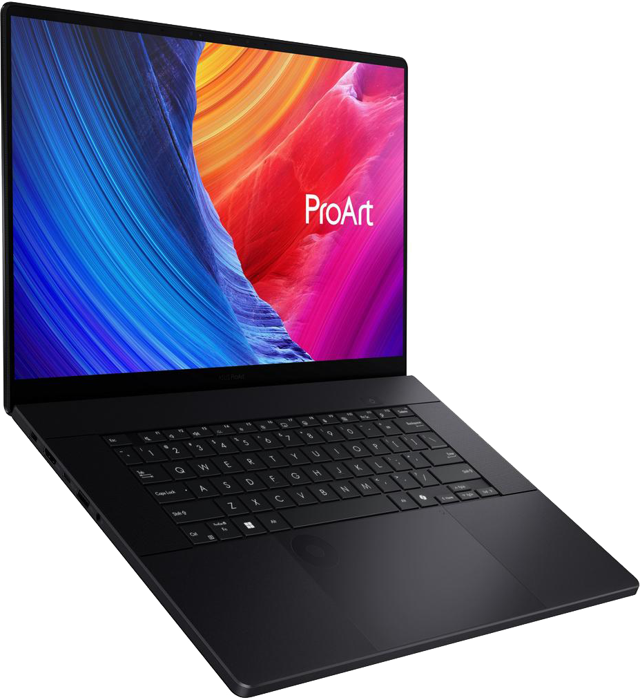Fekete laptop élénk képernyővel, absztrakt mintával. ProArt logó látható.