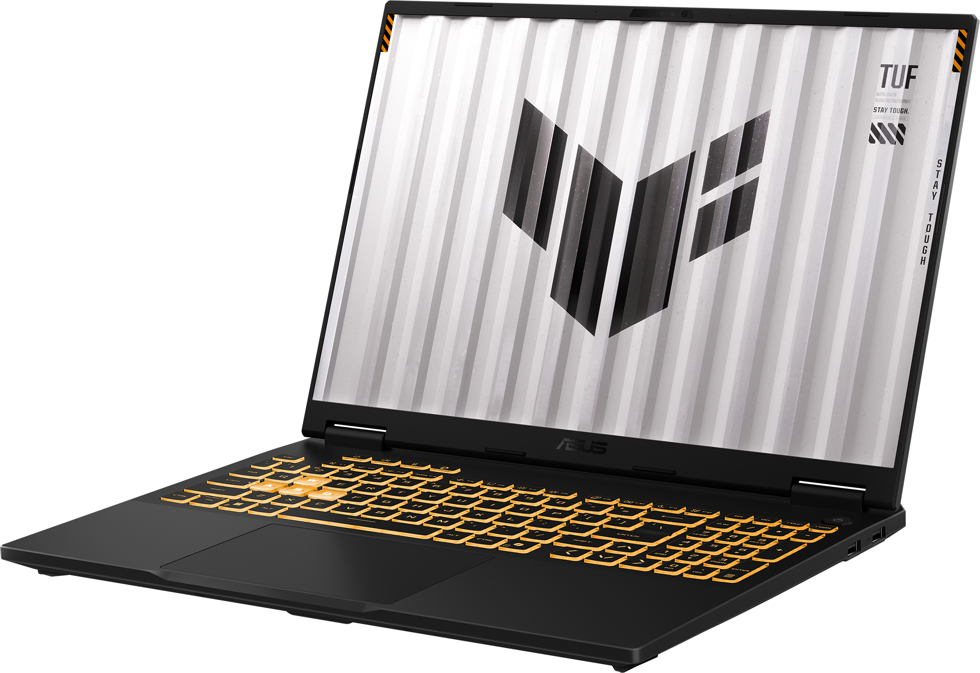 Fekete laptop világító sárga billentyűkkel és TUF logóval a képernyőn.