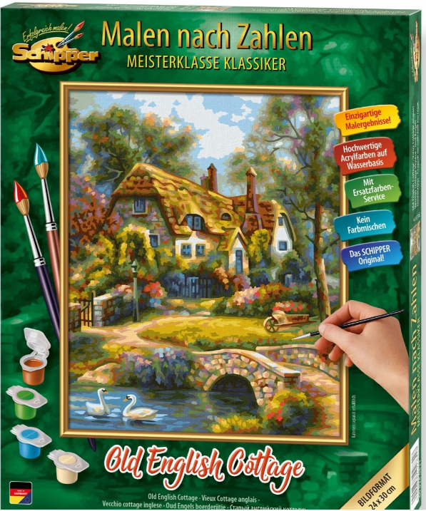 Malen-nach-Zahlen-Set mit einem Bild eines alten englischen Cottages mit zwei Schwänen auf dem Teich.