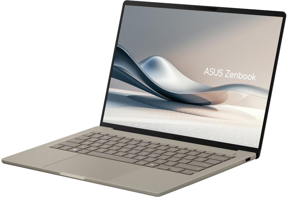 Egy nyitott, világos színű laptop szürke billentyűzettel és ASUS Zenbook logós képernyővel.