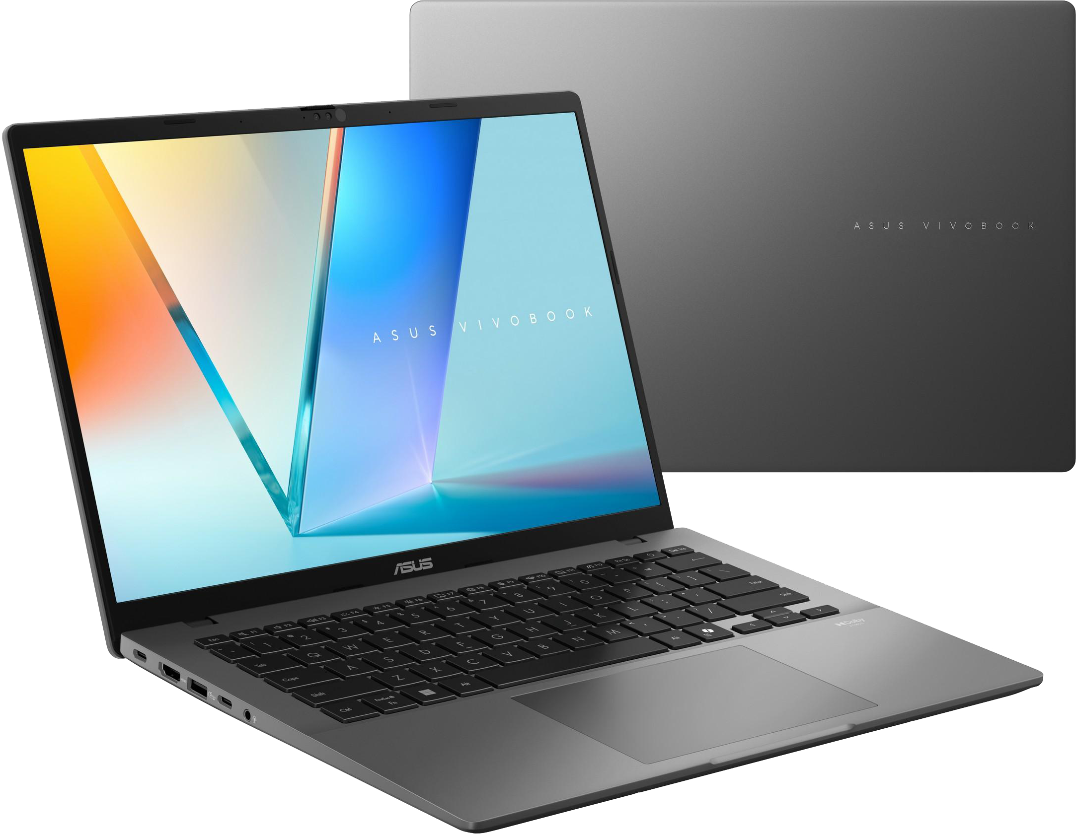 Szürke Asus Vivobook laptop világító képernyővel és billentyűzettel.