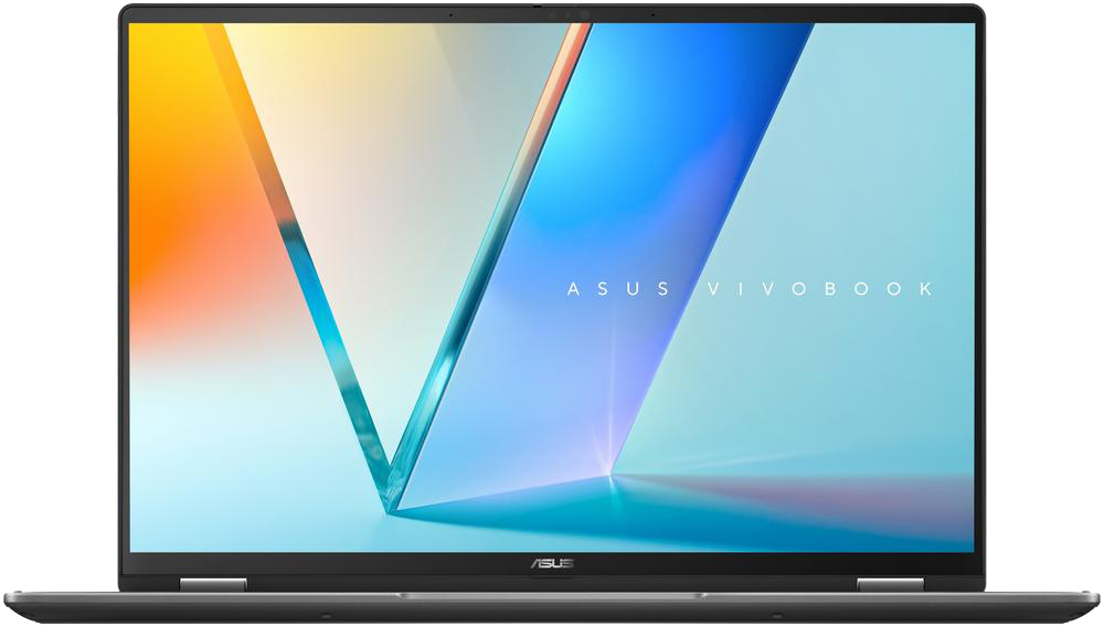 Egy nyitott ASUS Vivobook laptop színes háttérképpel a képernyőn.