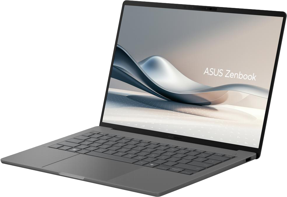 Egy szürke ASUS Zenbook laptop absztrakt háttérképpel a képernyőjén.