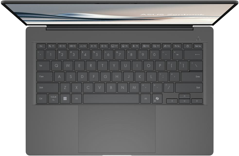 Nyitott, sötét ASUS Zenbook laptop felülnézetben, háttérvilágítású billentyűzettel.