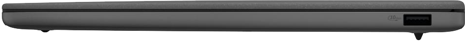 Szürke laptop oldalnézetben, USB porttal és lábakkal.