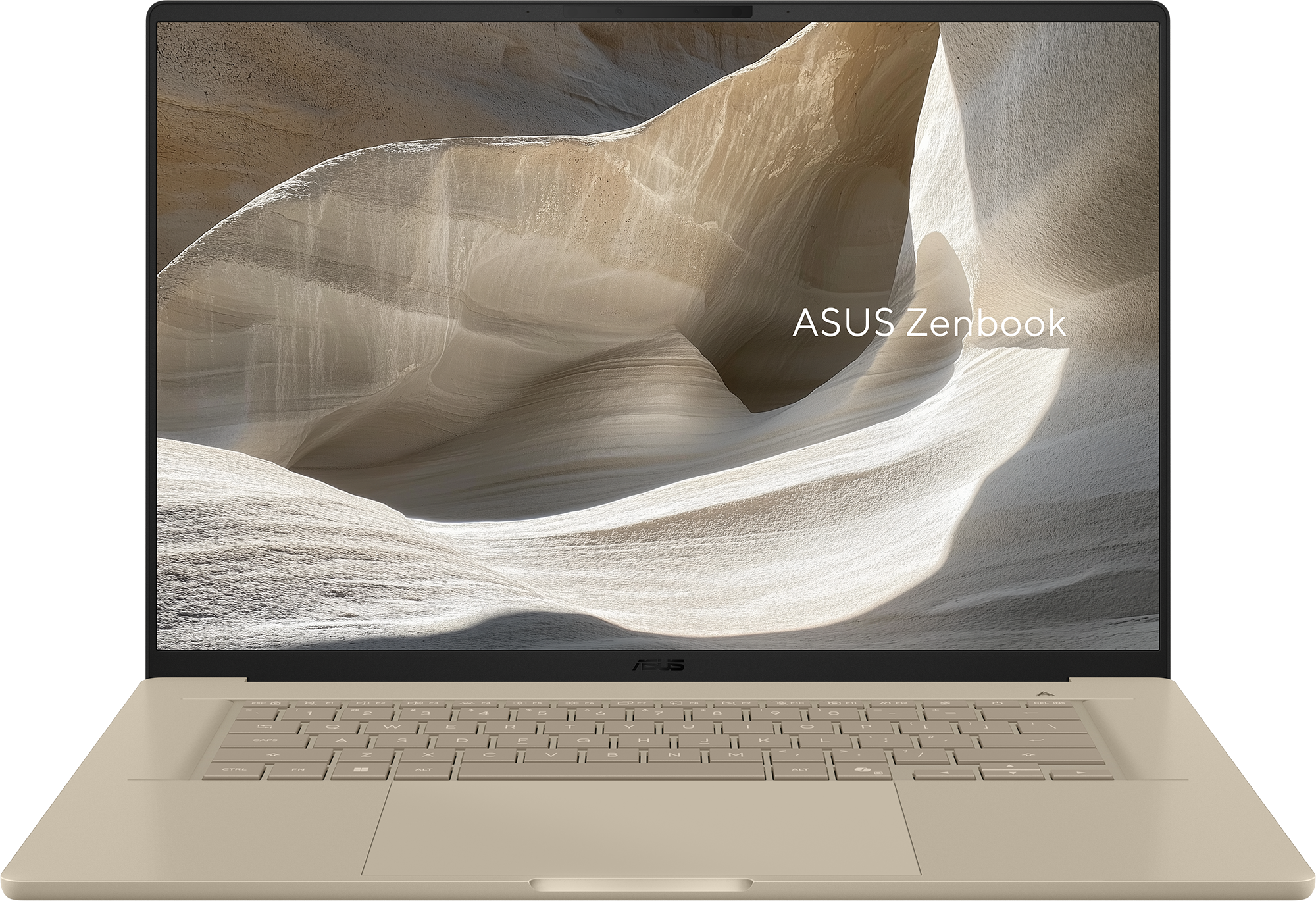 Egy bézs színű ASUS Zenbook laptop billentyűzettel és absztrakt művészetet megjelenítő képernyővel.