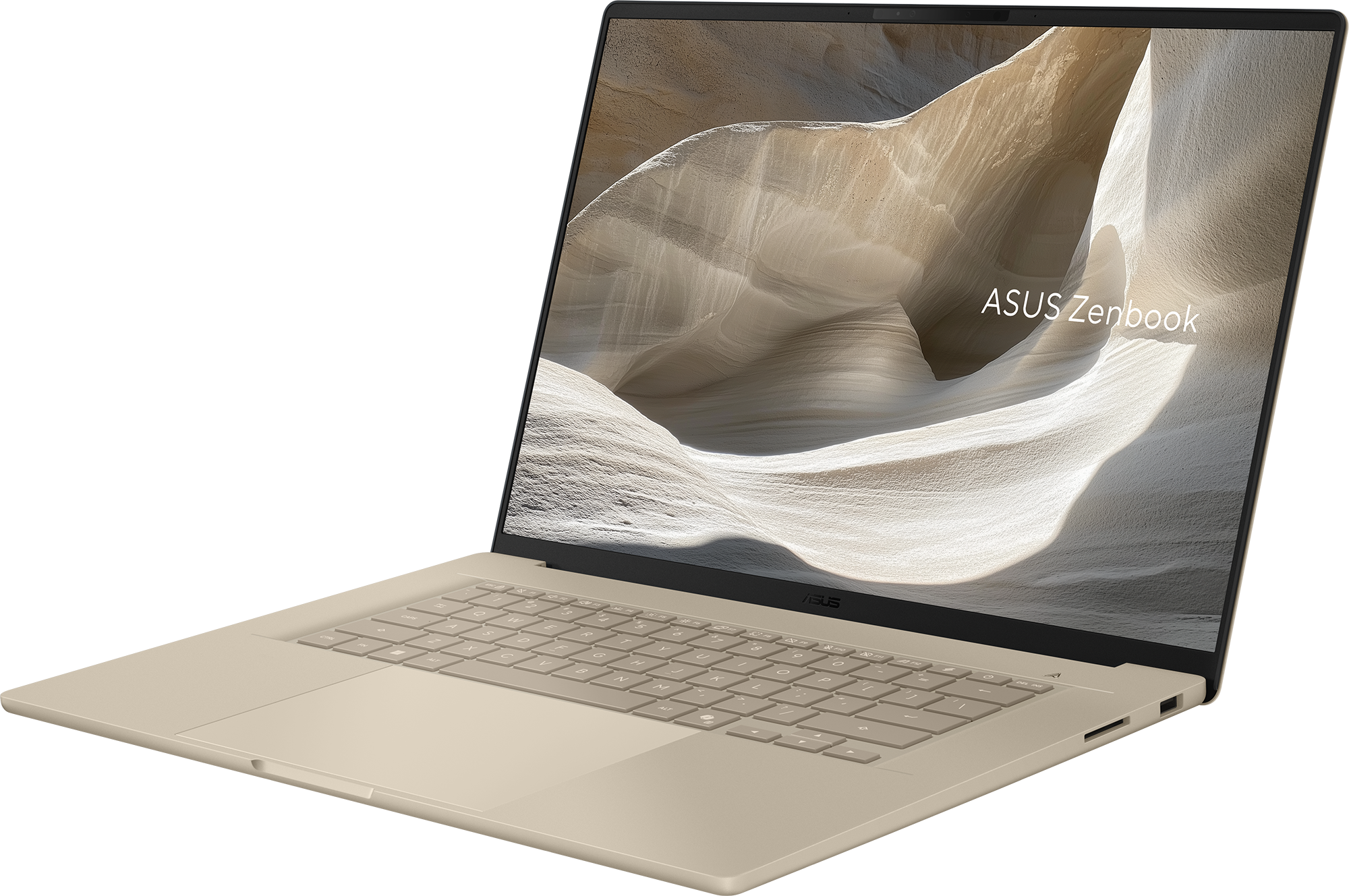 Egy bézs színű Asus Zenbook laptop nyitva, billentyűzettel és képernyővel.