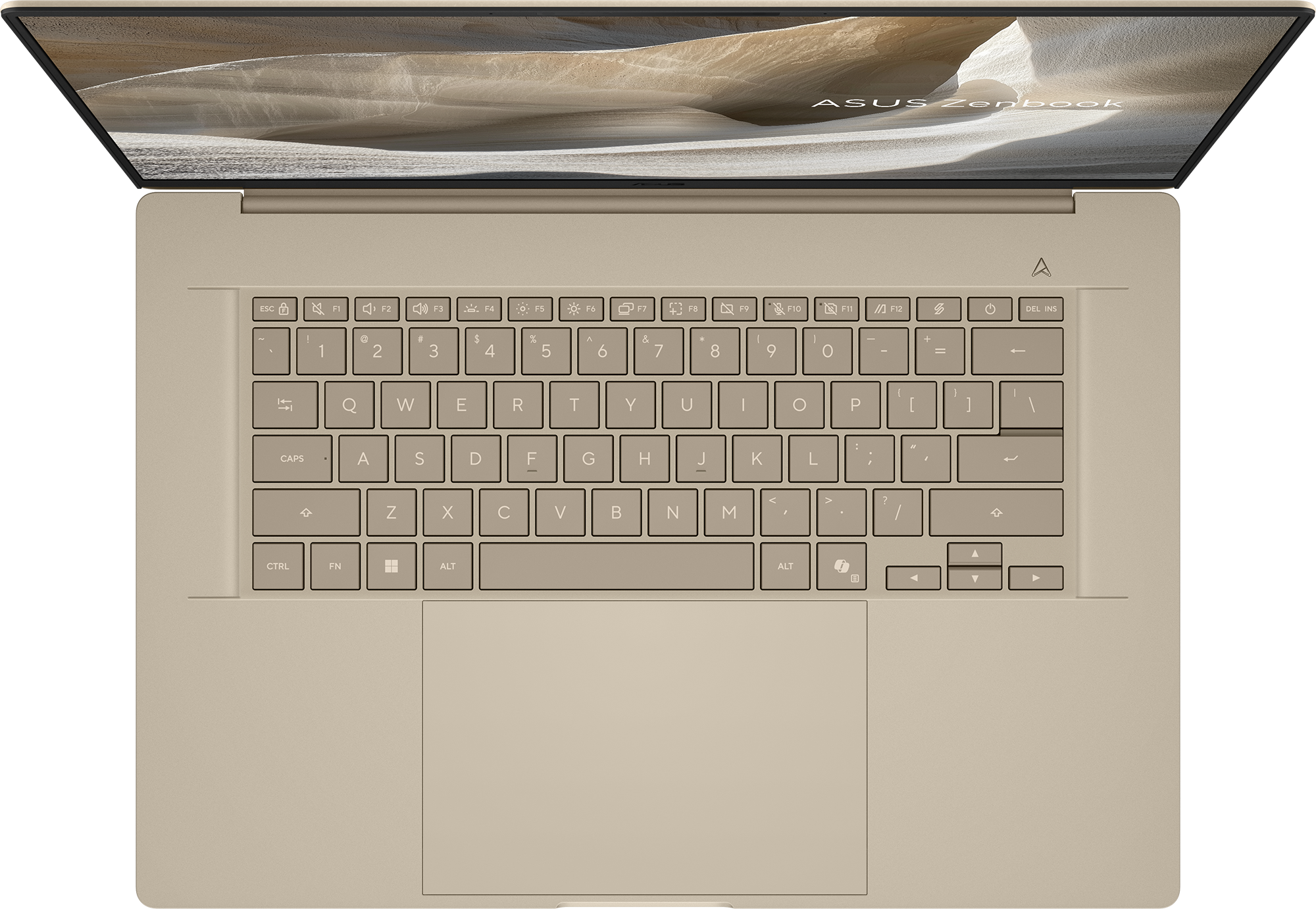 Egy nyitott, világos arany ASUS Zenbook laptop, billentyűzettel és érintőpaddal.