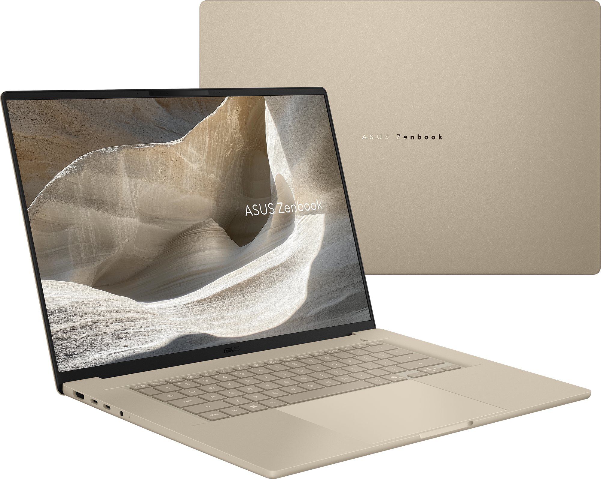 Világosbézs Asus Zenbook laptop, nyitva, billentyűzettel és képernyővel.