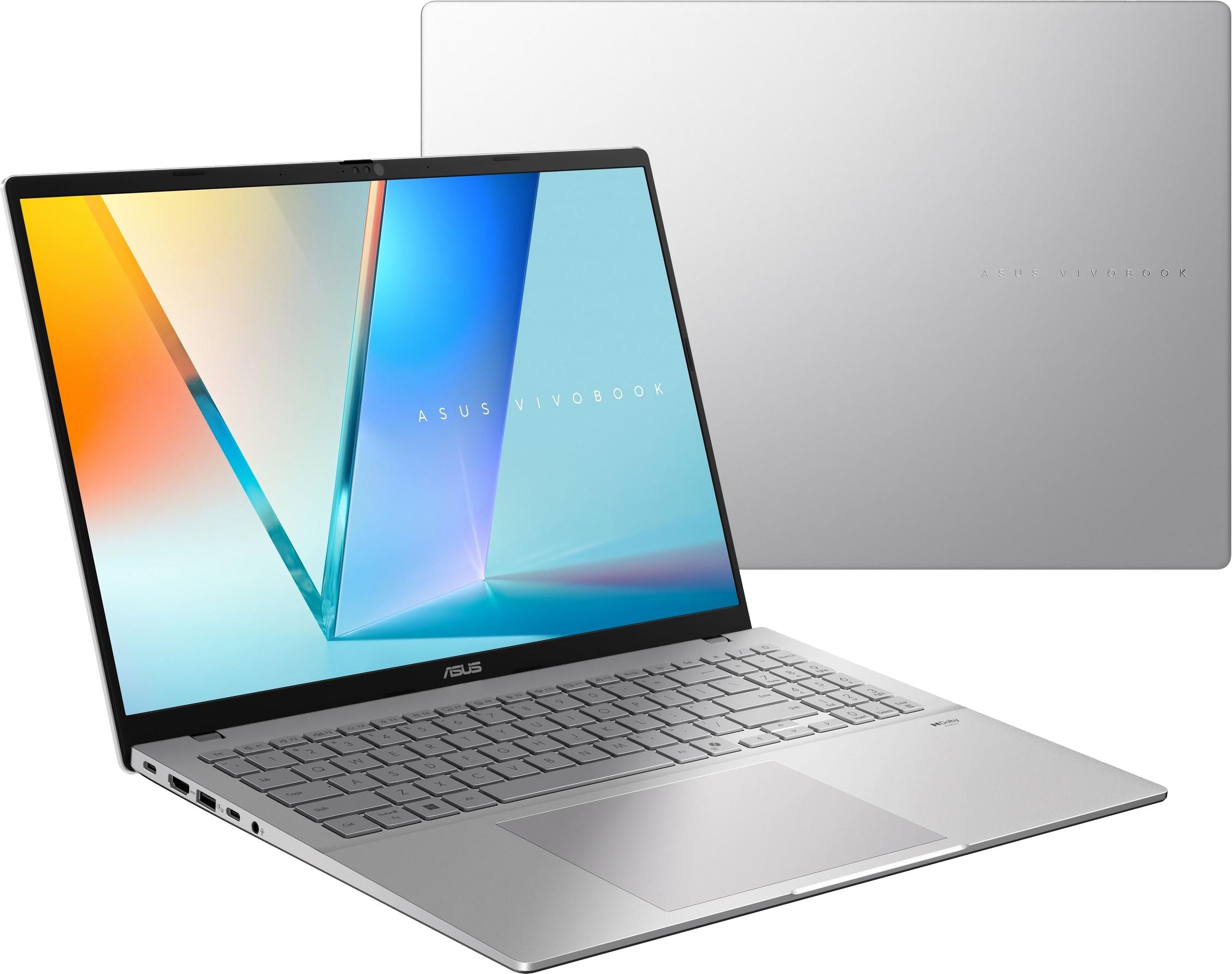 Egy ezüst Asus Vivobook laptop, nyitva, billentyűzettel és képernyővel.