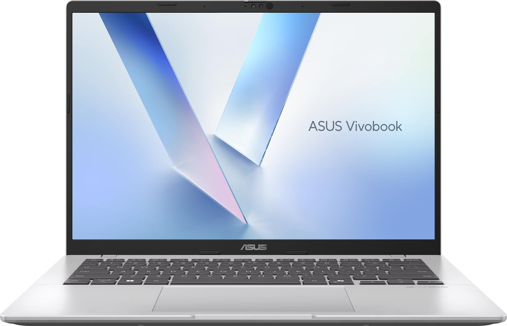 Ezüst Asus Vivobook laptop háttérvilágított billentyűzettel fekete háttéren.