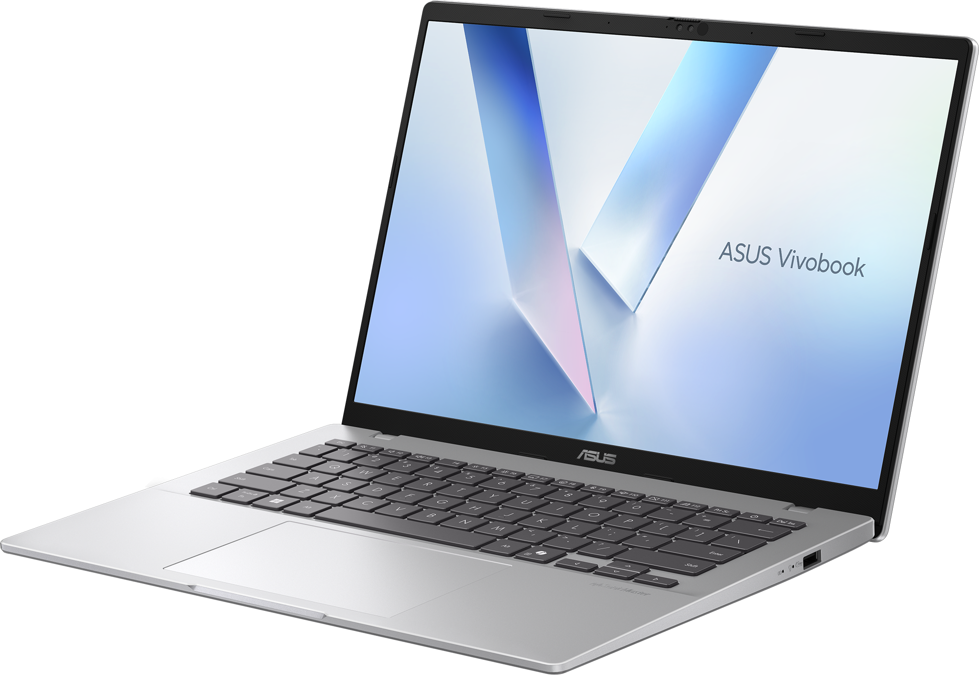 Ezüst színű ASUS Vivobook laptop látható billentyűzettel és képernyővel.