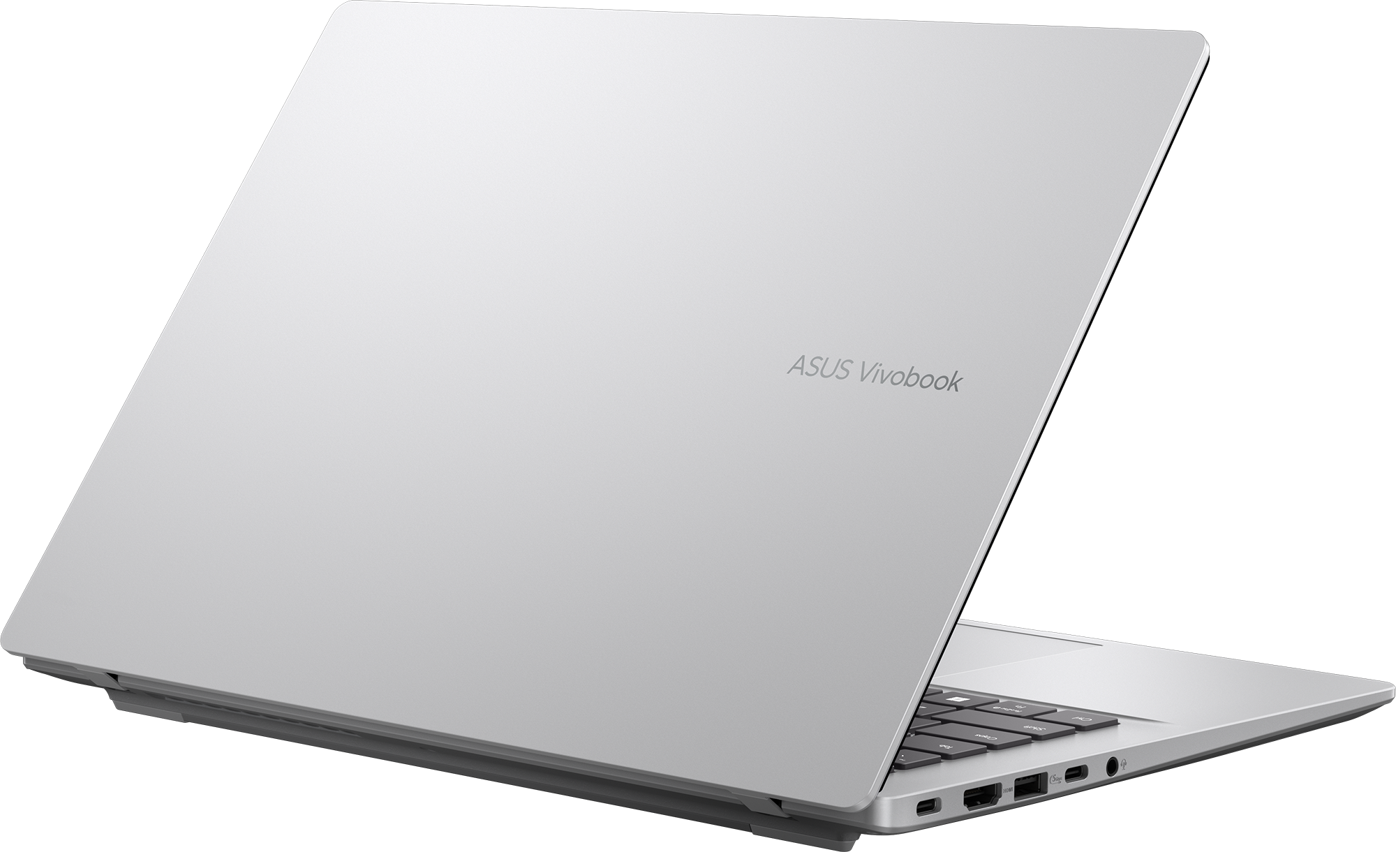 Ezüst ASUS Vivobook laptop, félig nyitott állapotban, billentyűzettel és portokkal.