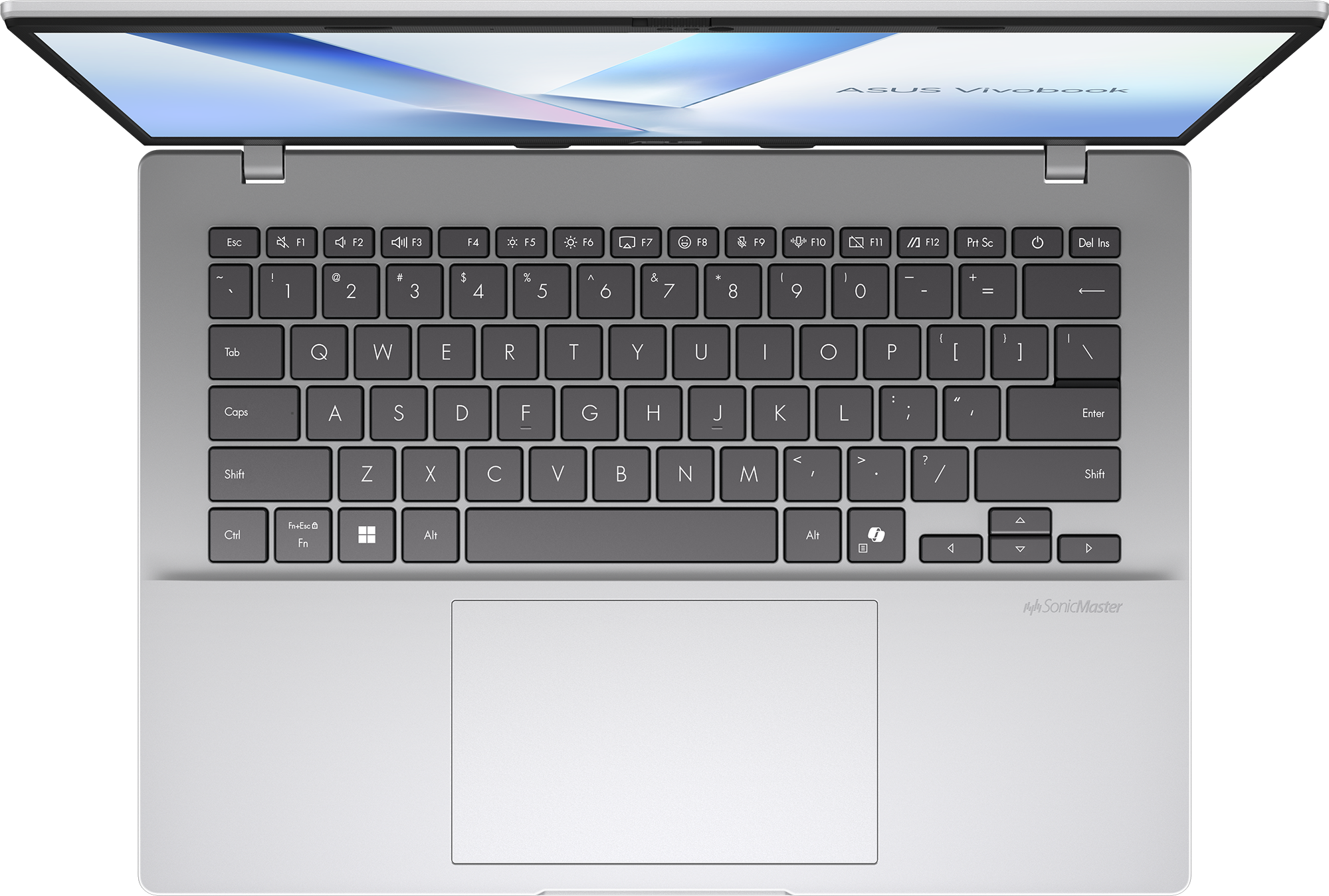Egy ezüst laptop nyitott képernyővel, amely felfedi a billentyűzetet.