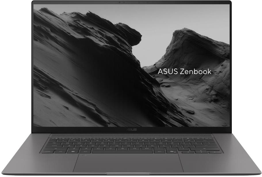 Szürke laptop világító billentyűzettel és "ASUS Zenbook" feliratú képernyővel.