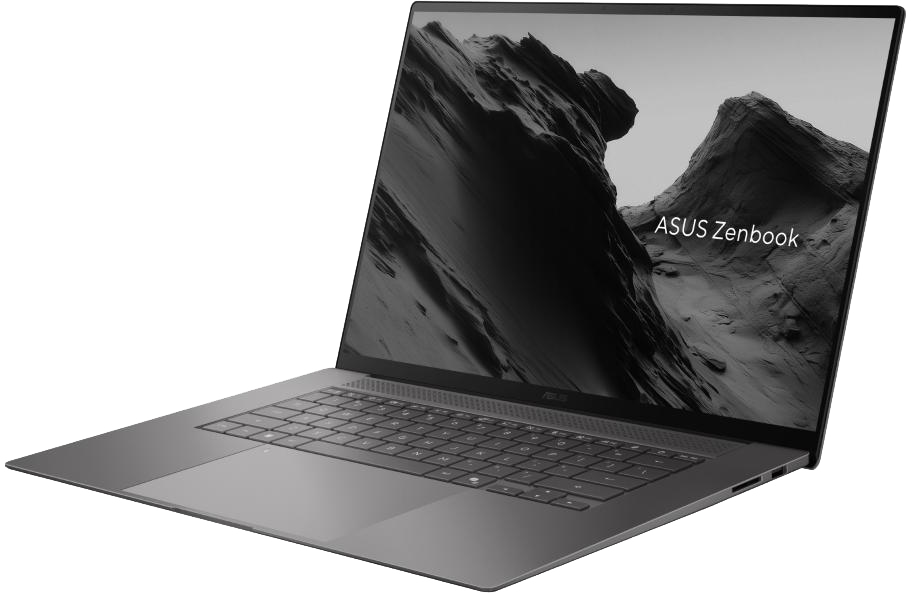 Szürke Asus Zenbook laptop billentyűzettel és hegyi tájjal a képernyőn.