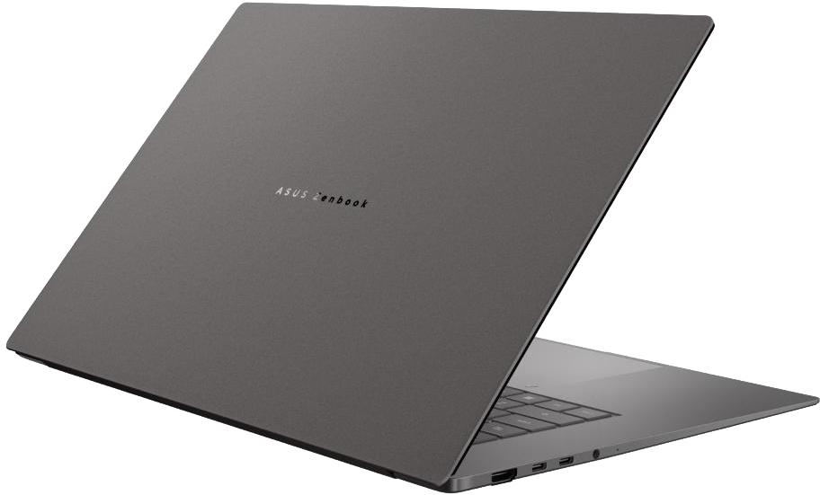 Szürke Asus Zenbook laptop, félig nyitva, billentyűzettel és portokkal.