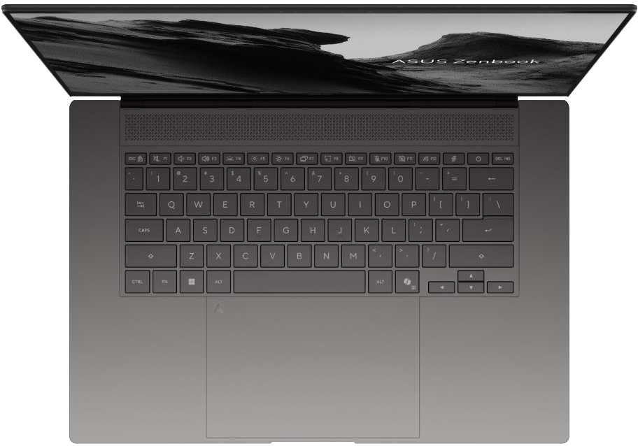 Egy nyitott laptop felülnézetből, billentyűzettel és érintőpaddal.
