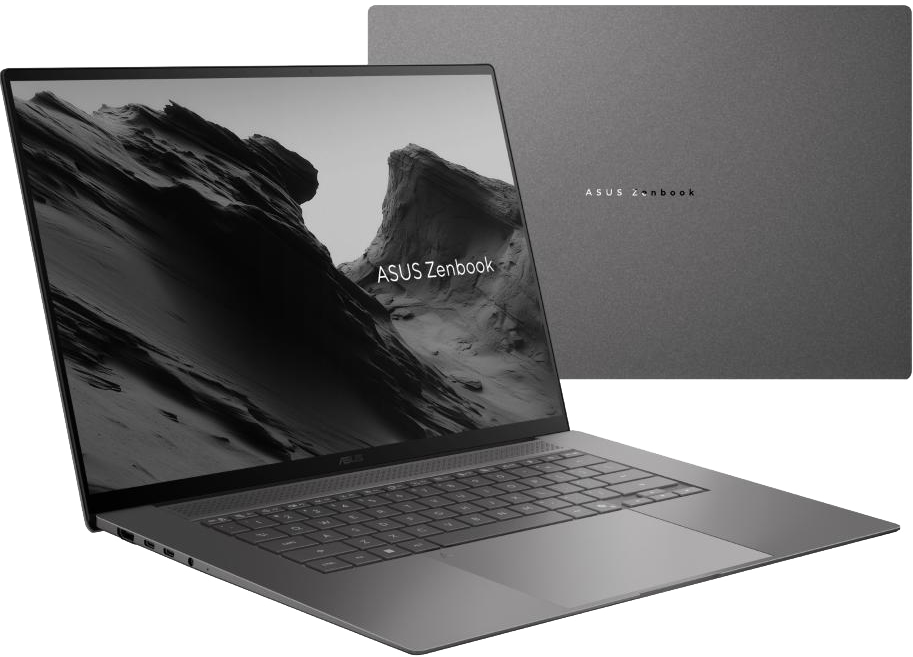Egy zárt, sötétszürke laptop ASUS Zenbook logóval és egy nyitott laptop tájképképpel a képernyőn.