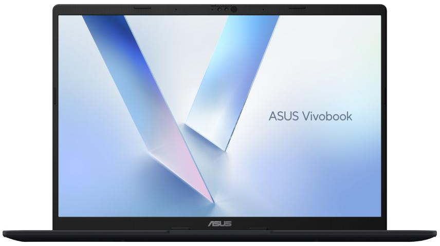 Egy fekete Asus Vivobook laptop nyitva, képernyőjén kék és fehér absztrakt dizájn látható.