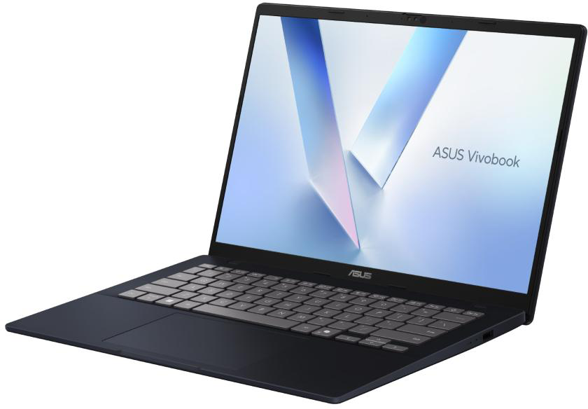 Sötétkék ASUS Vivobook laptop, nyitva, fehér háttér előtt.