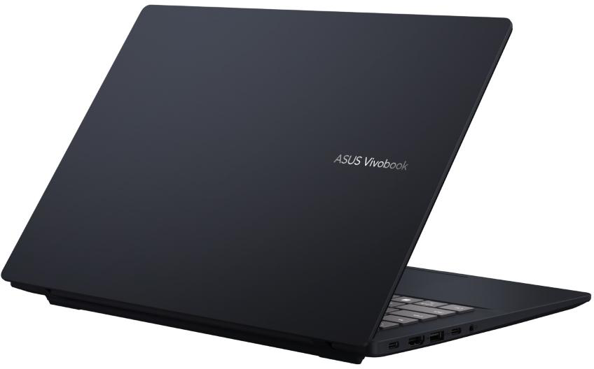 Sötétkék Asus Vivobook laptop, enyhén nyitva, hátulról látható.