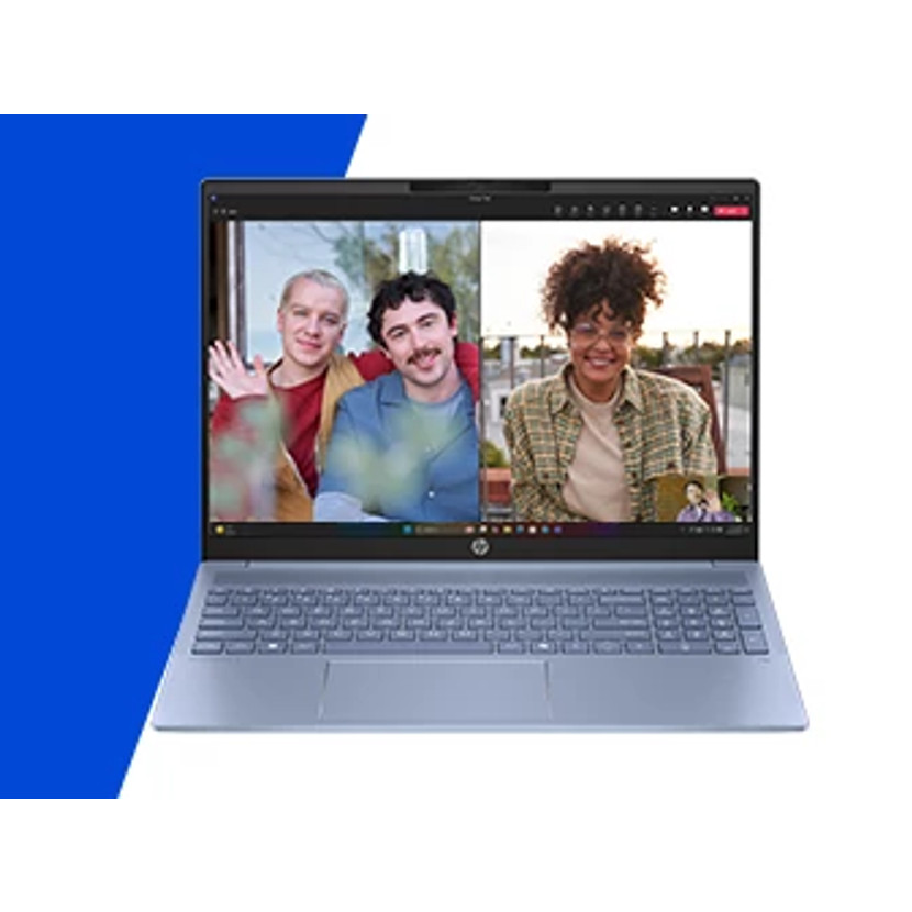 Laptop wyświetla trzy osoby na rozmowie wideo; dwie na pełnym ekranie, jedna w małym oknie.