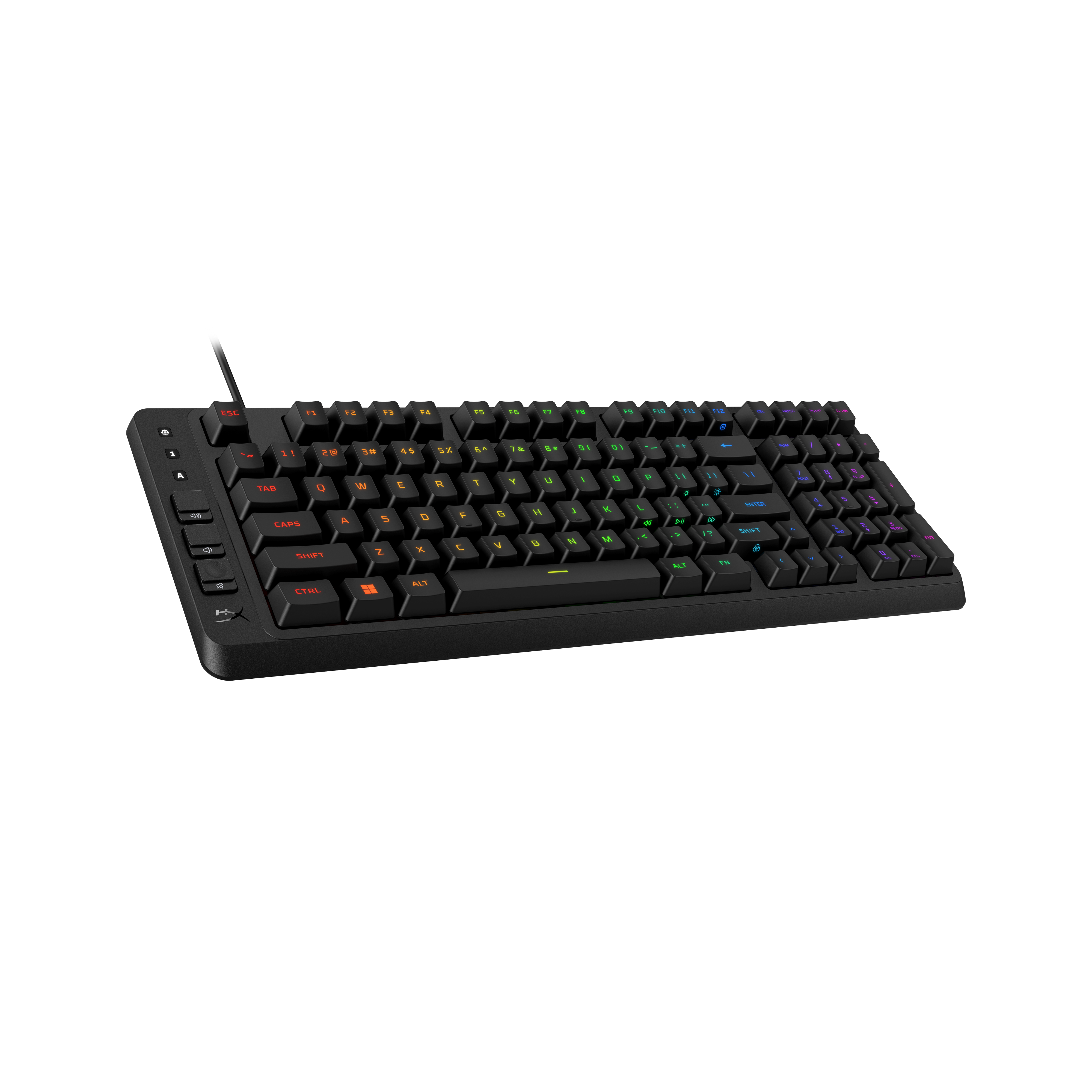 Schwarze Tastatur mit farbigen Tastenbeleuchtungen auf schwarzem Hintergrund.
