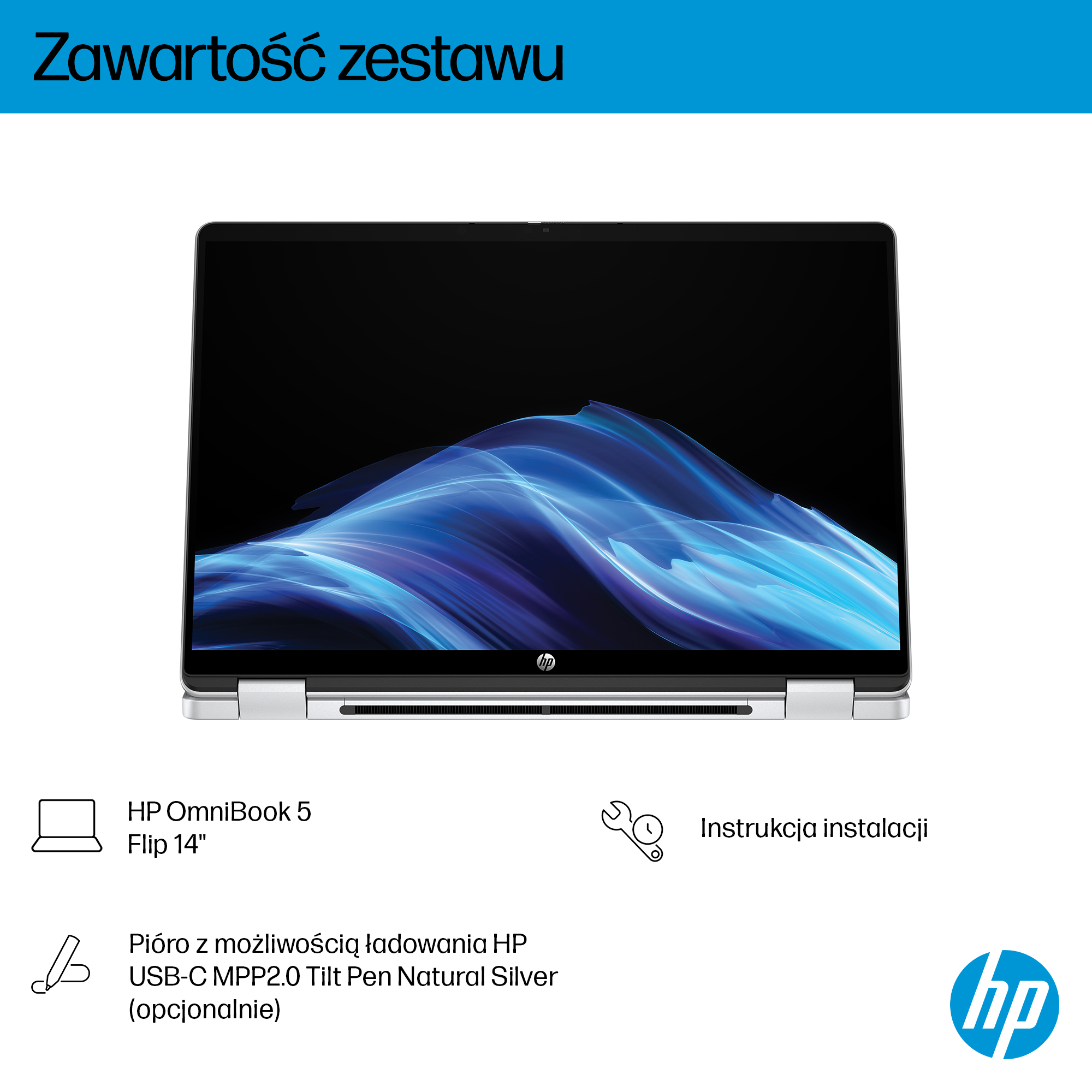 Srebrny laptop HP OmniBook 5 Flip 14 z niebieską tapetą abstrakcyjną.