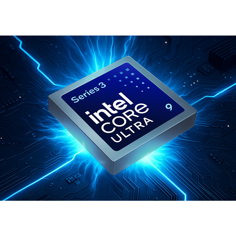 Procesor Intel Core Ultra 9 na niebieskiej płycie obwodowej z błyszczącymi niebieskimi liniami.