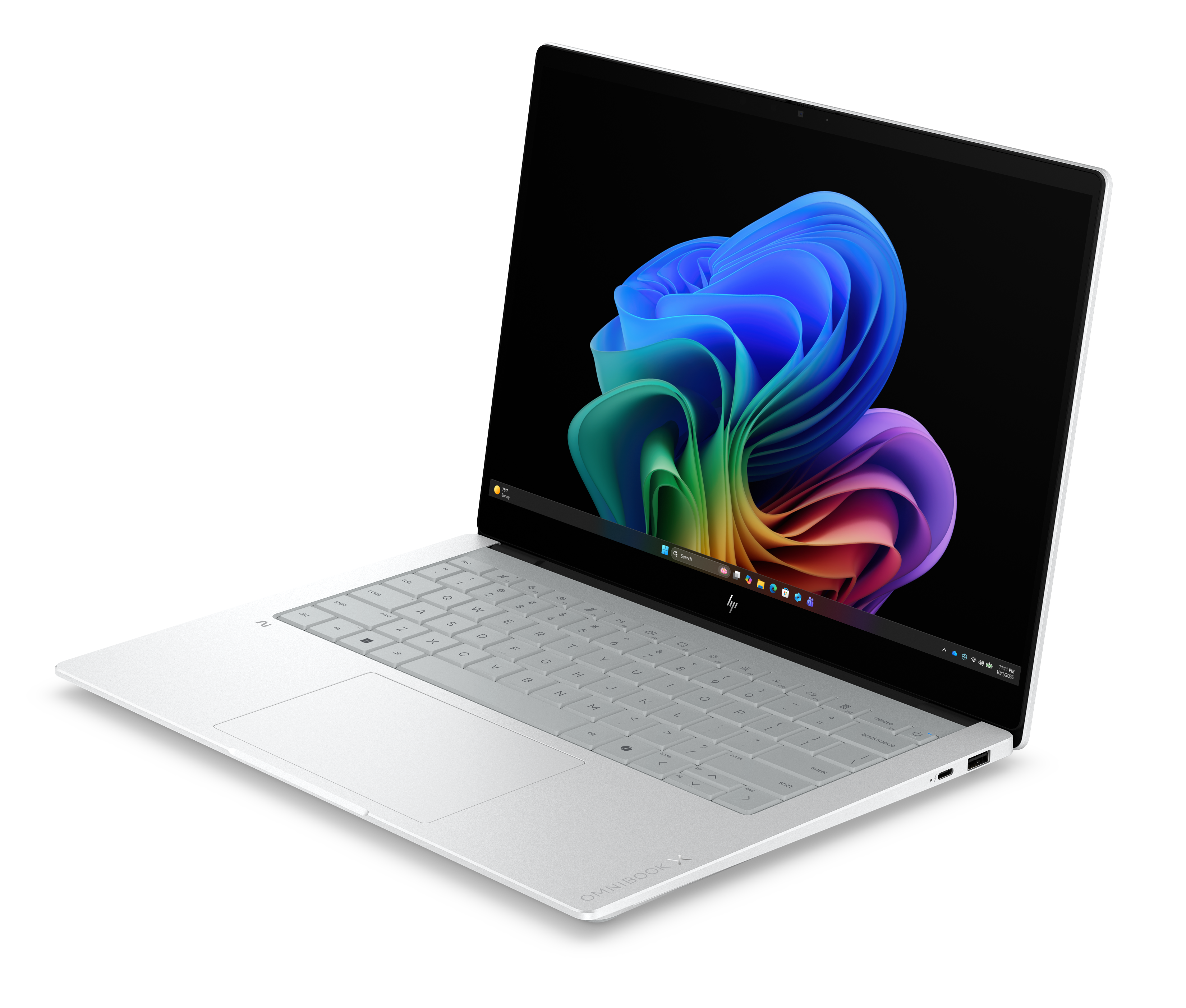 Biały laptop z kolorowym tłem wyświetlanym na ekranie.
