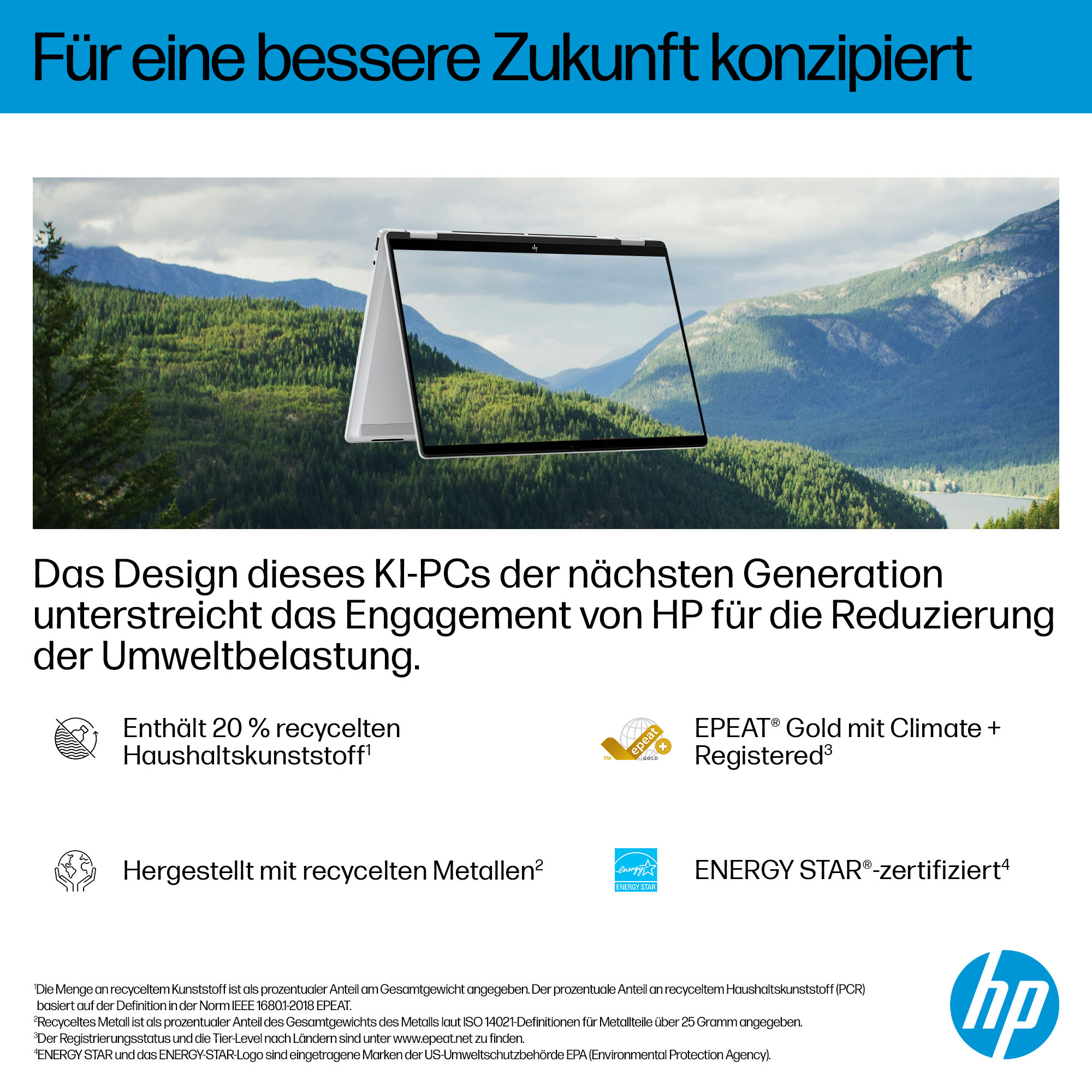 Ein HP Laptop mit Berglandschaft-Hintergrund. Enthält 20% recyceltem Kunststoff.