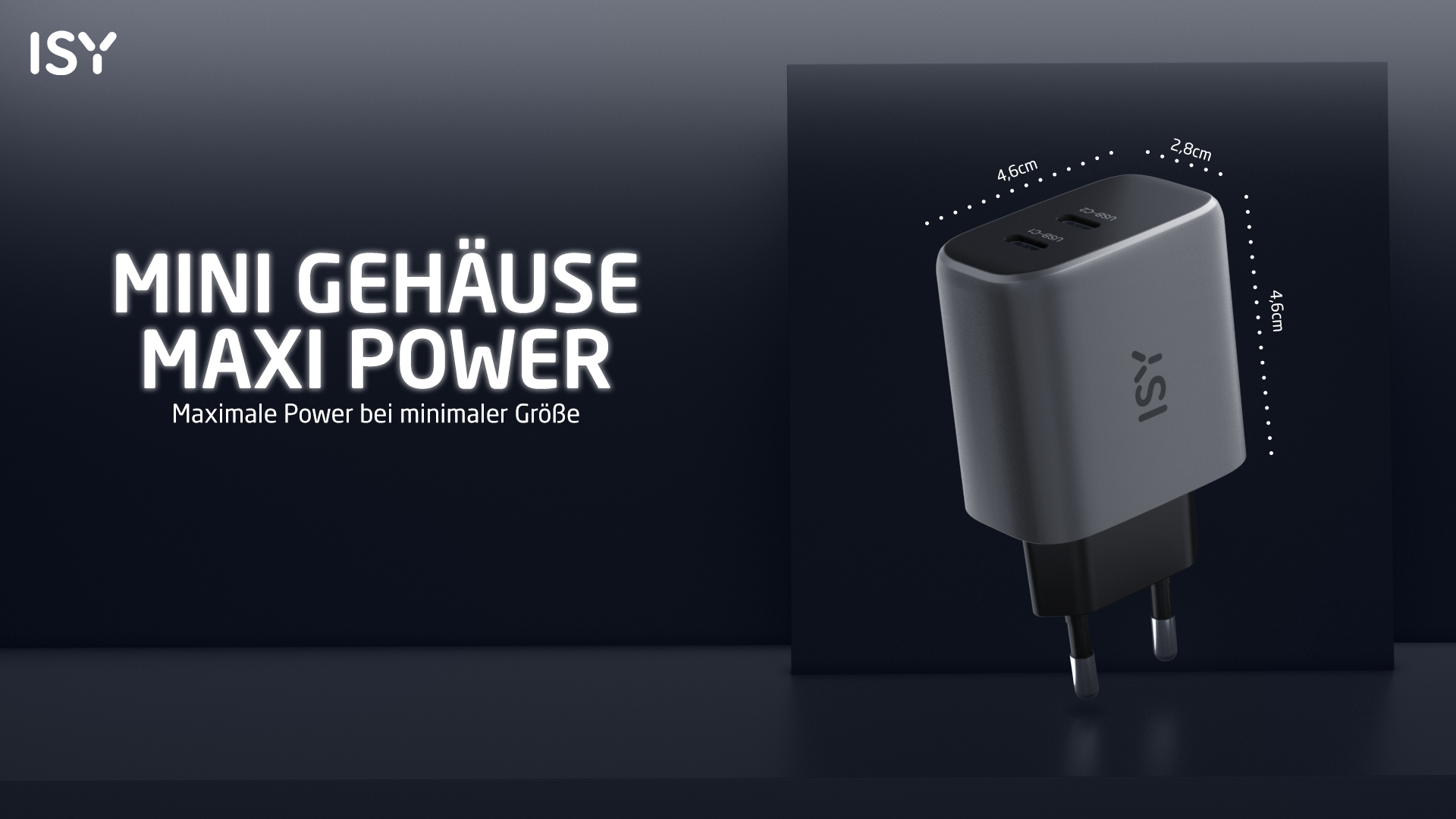 Ein grauer ISY Ladestecker mit zwei USB-C-Anschlüssen und Maßangaben.