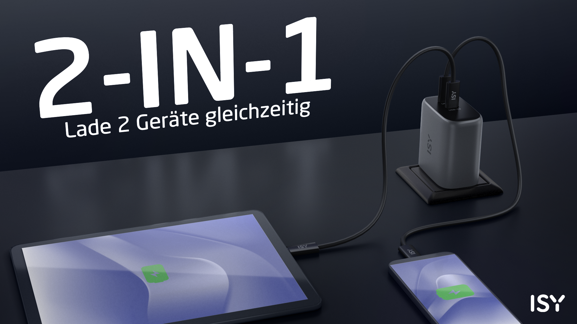 Grauer 2-in-1-Ladeadapter, der ein Tablet und ein Smartphone lädt.