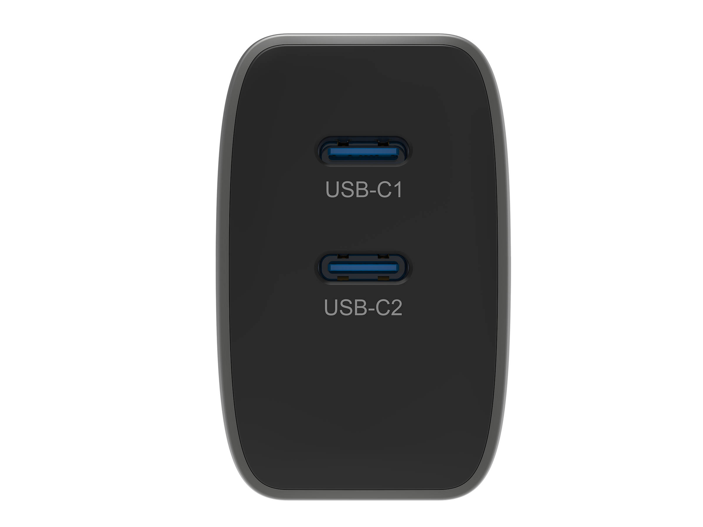 Czarny adapter USB-C z dwoma portami oznaczonymi USB-C1 i USB-C2.