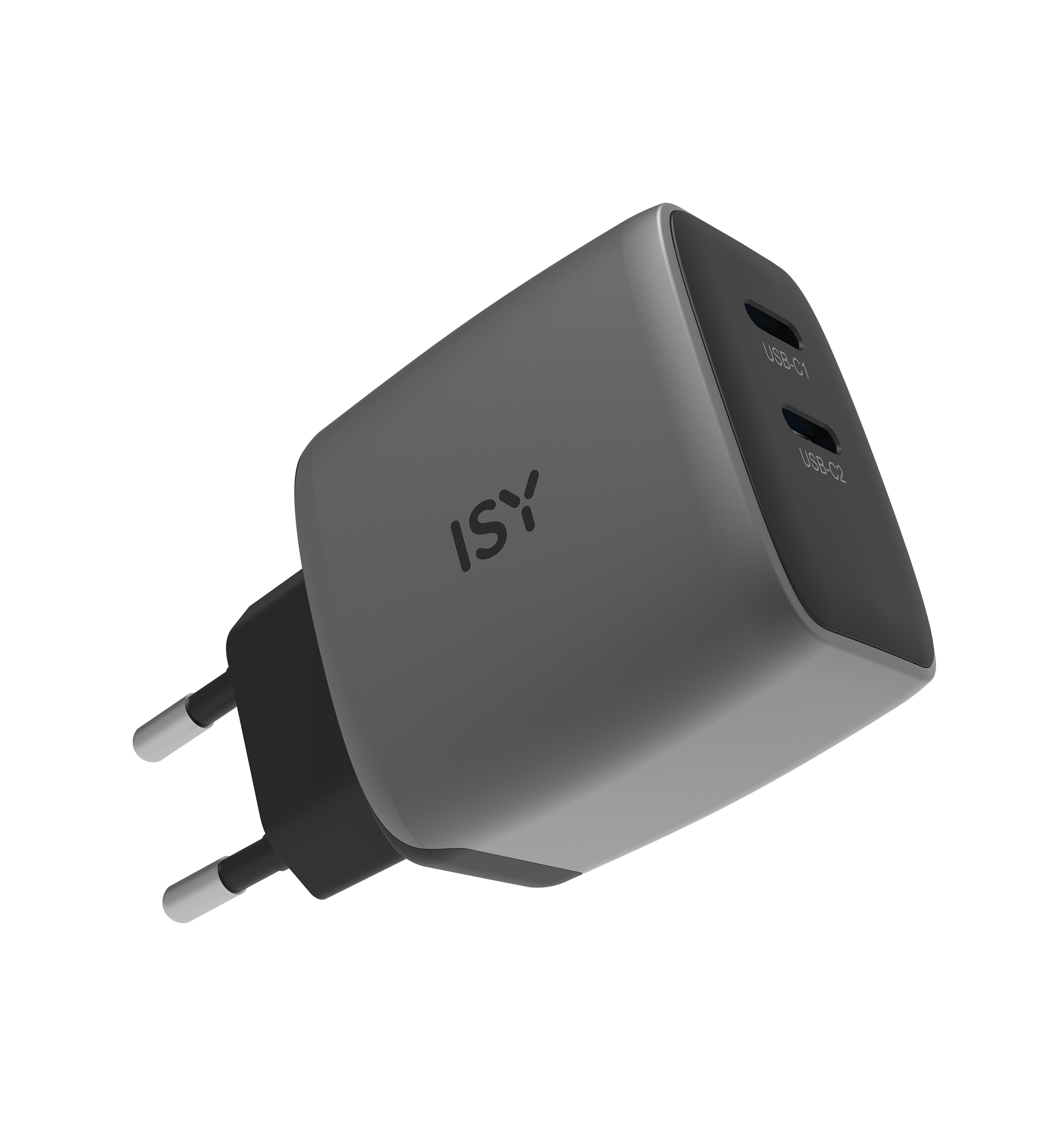 Szara ładowarka USB-C z logo ISY i dwoma portami.