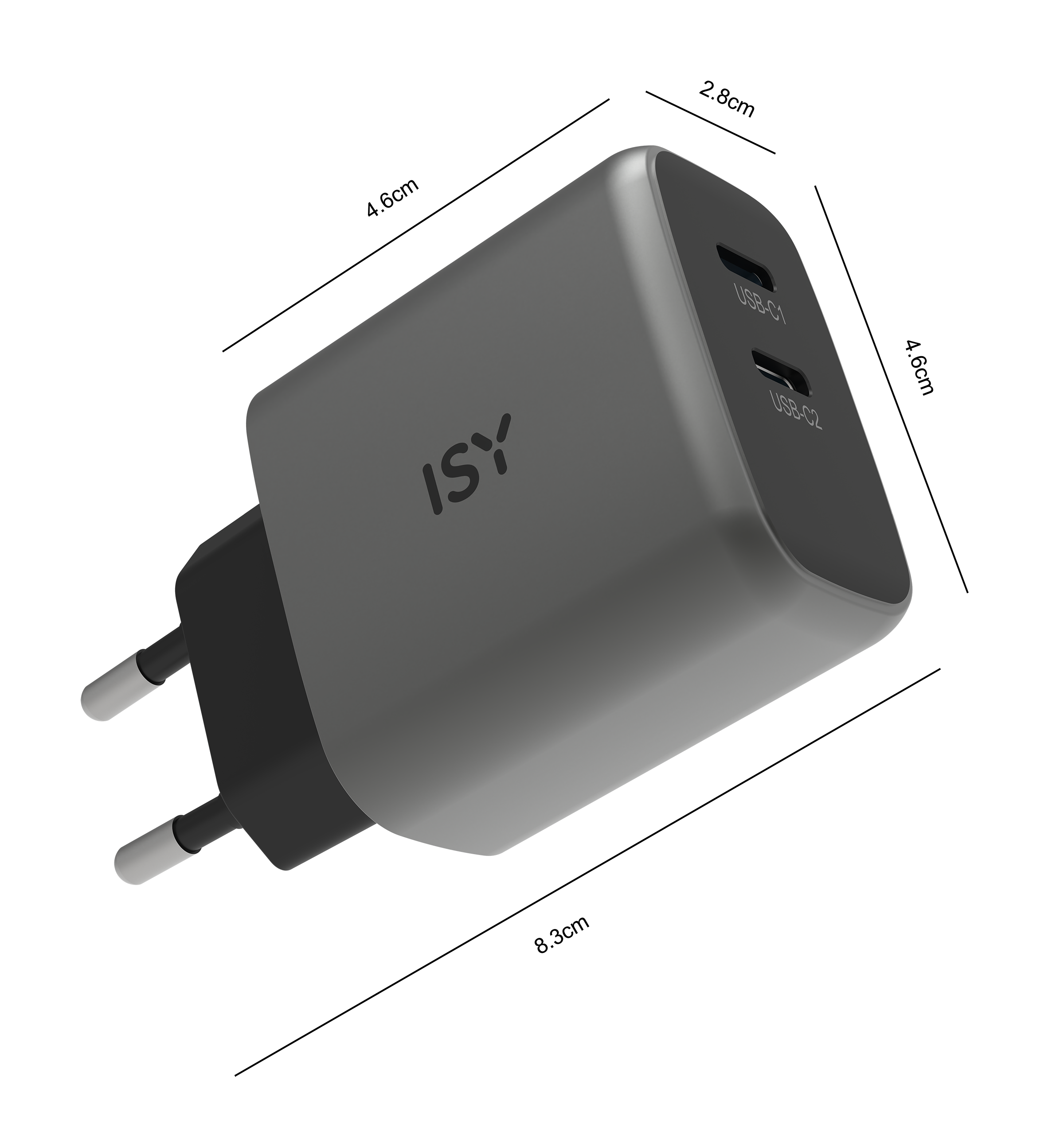 Szara ładowarka ISY z dwoma portami USB-C i dwoma bolcami.