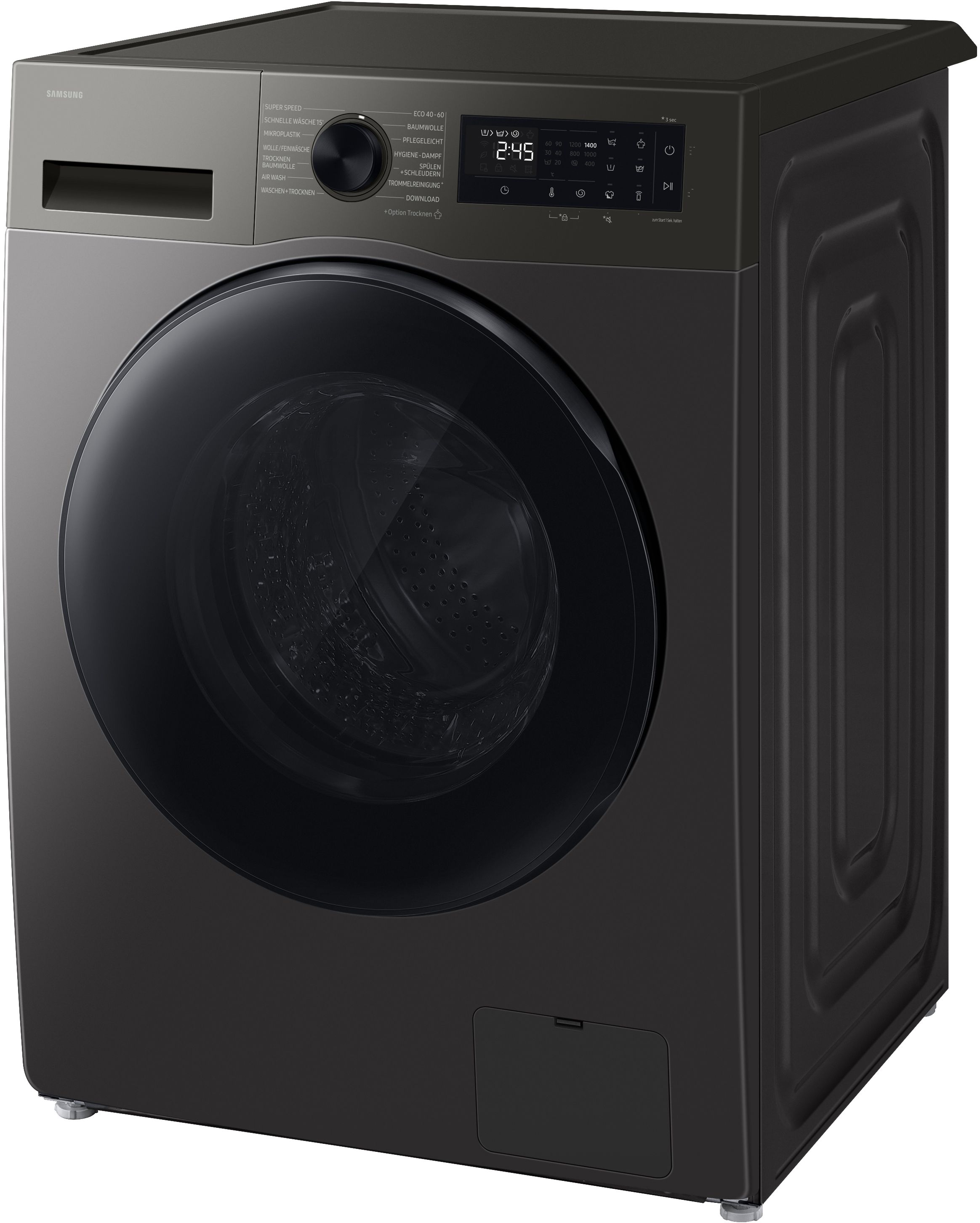 Eine dunkle Samsung Waschmaschine mit grossem Bullauge und digitalem Display.