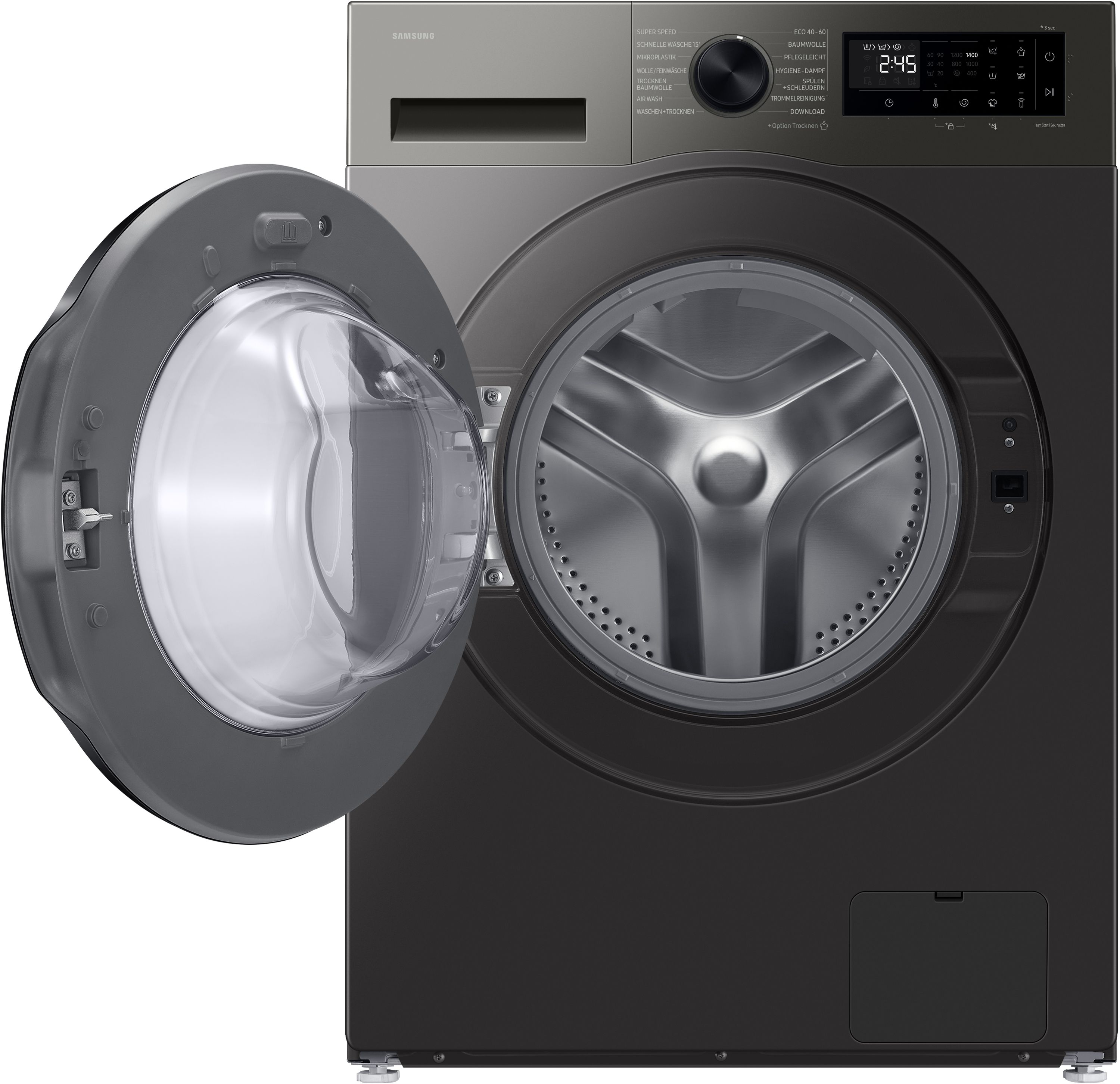 Eine graue Samsung Waschmaschine mit gefffneter Trommeltuer und digitalem Display.