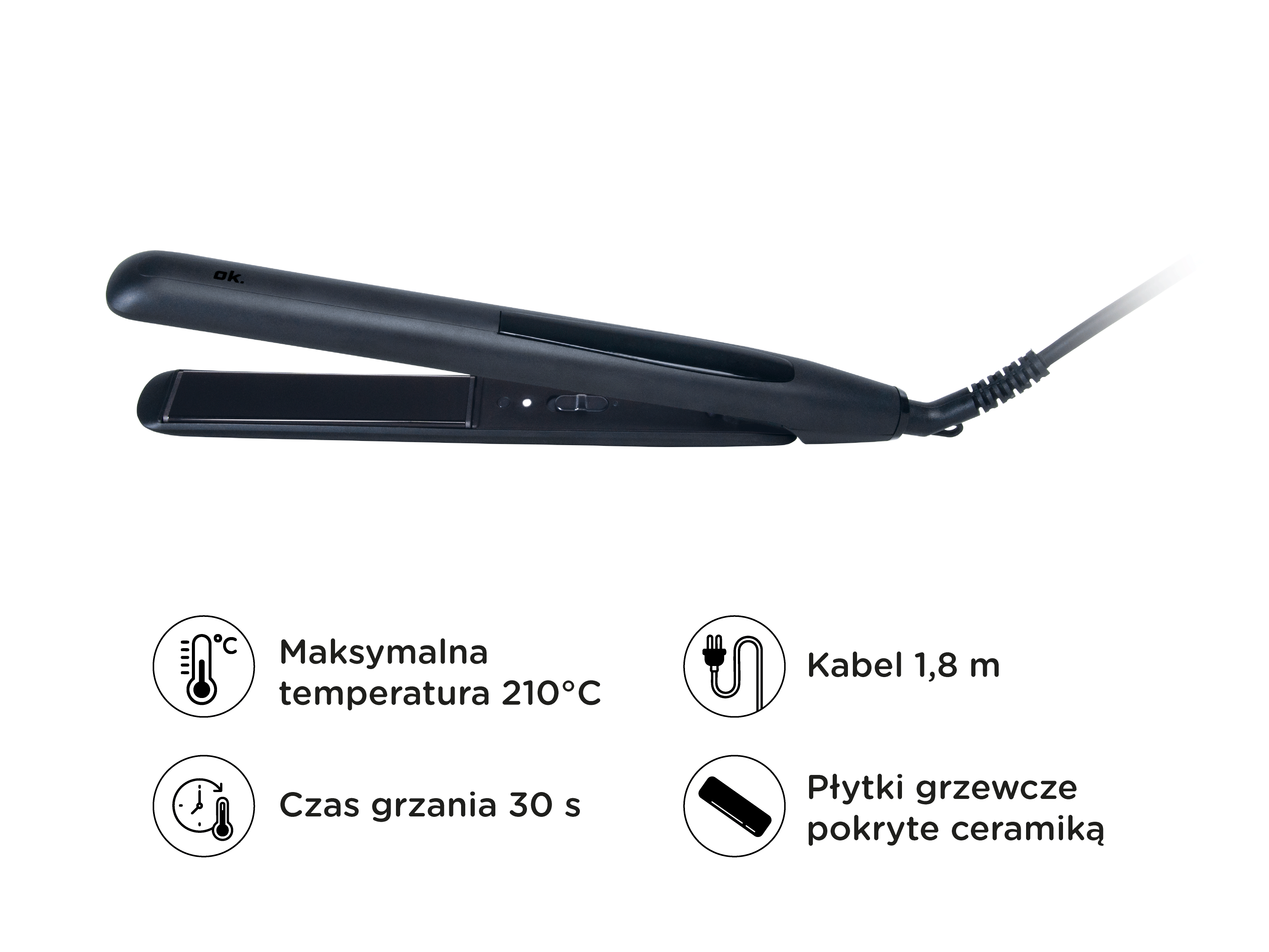 Czarna prostownica 210°C, 30s nagrzewania, kabel 1,8m, płytki ceramiczne.