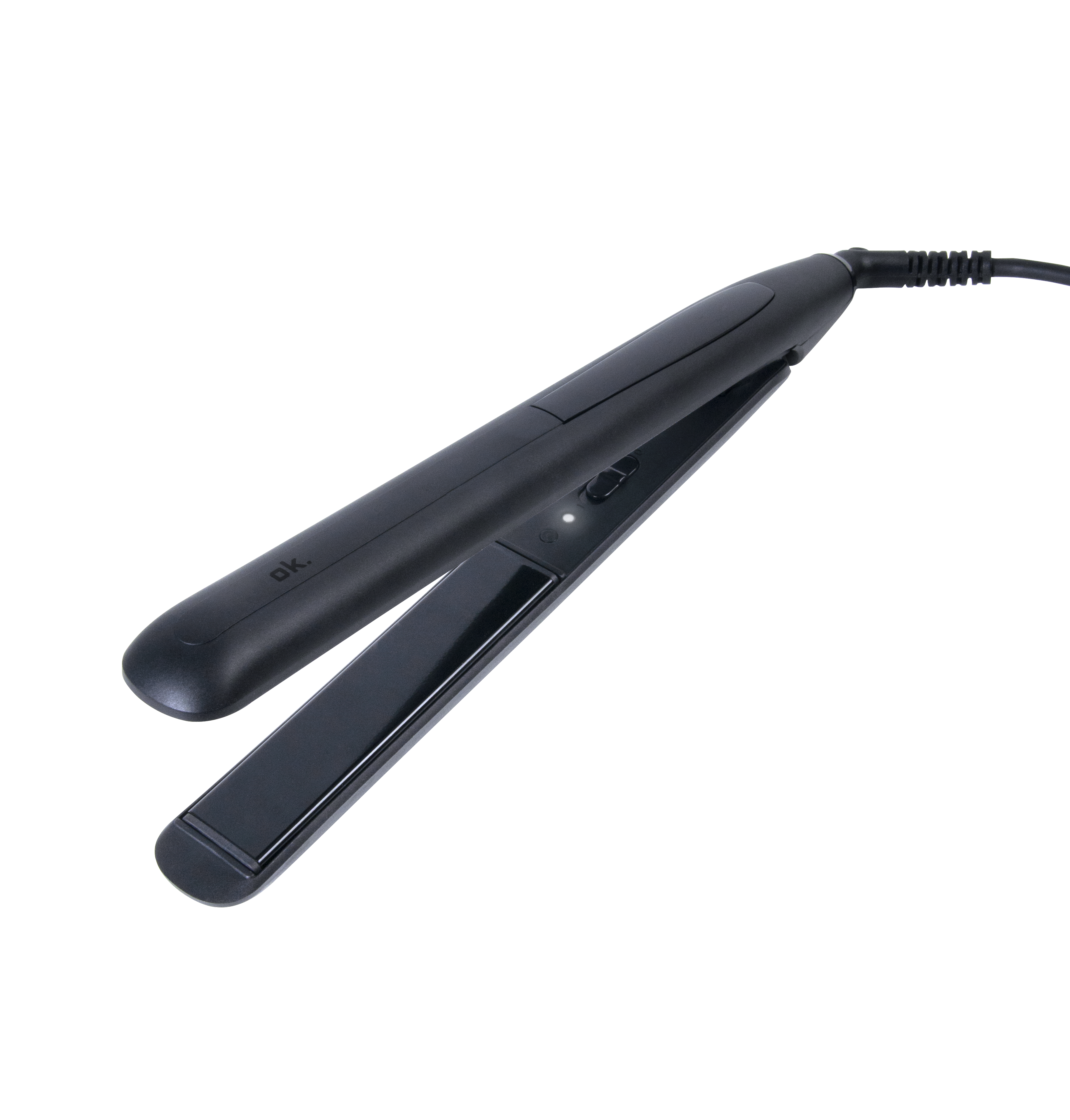 Ein schwarzer Haarglätter mit Kabel auf schwarzem Hintergrund.