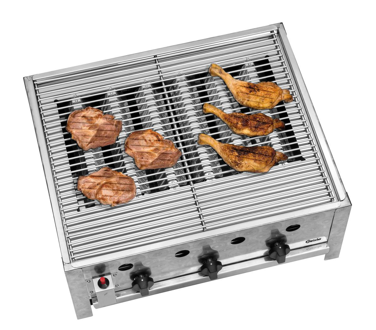 Fleisch und Hähnchenschenkel auf einem Grill. Stahlgrill mit Knöpfen.