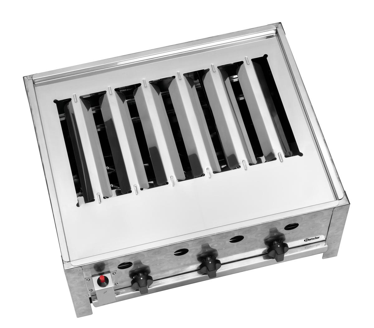 Edelstahl-Kontaktgrill mit sechs Schlitzen und drei Drehreglern.