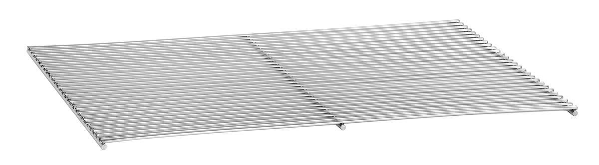 Ein rechteckiger Grillrost aus glänzendem Metall mit vielen parallelen Stäben.