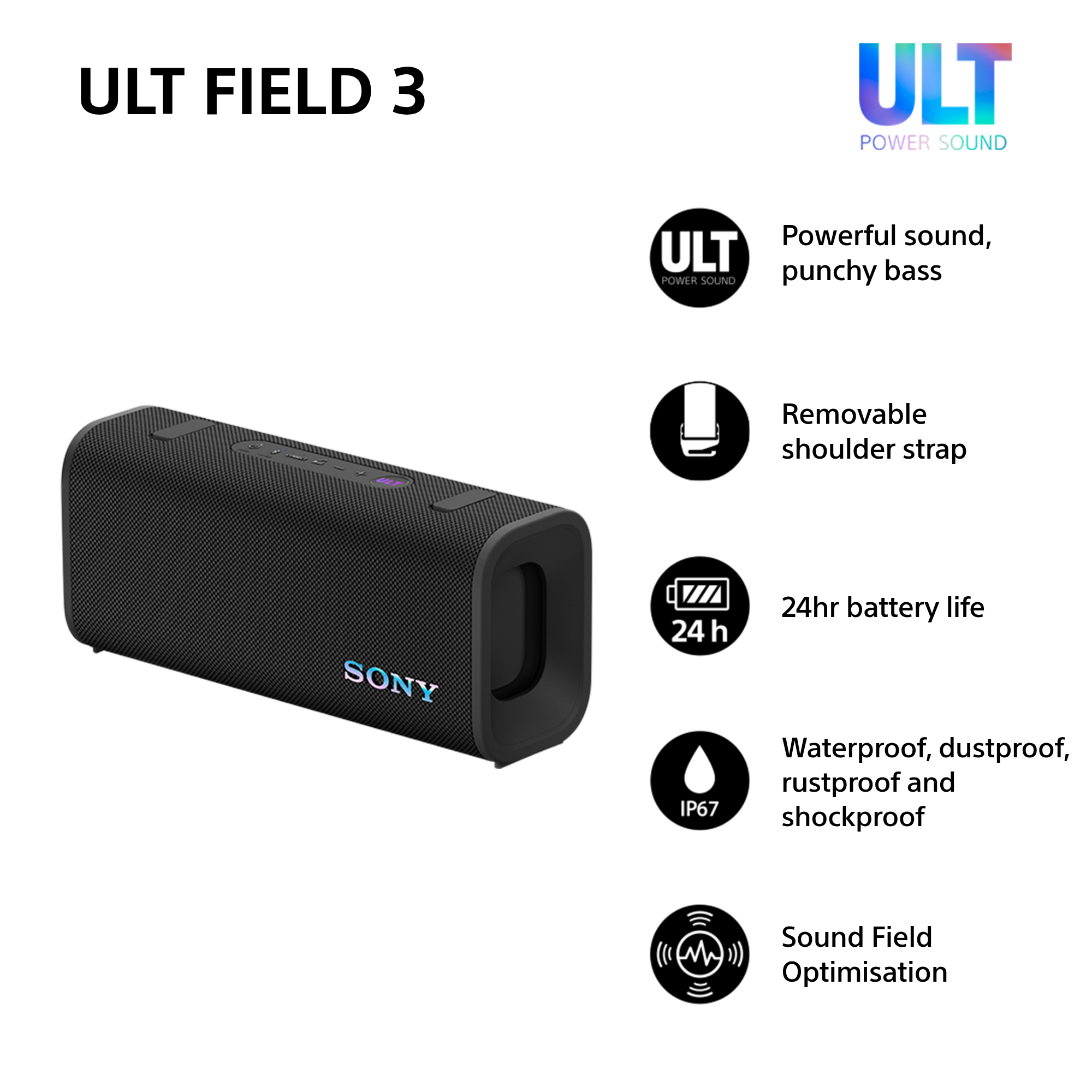 Enceinte noire Sony ULT FIELD 3 avec caractéristiques listées.
