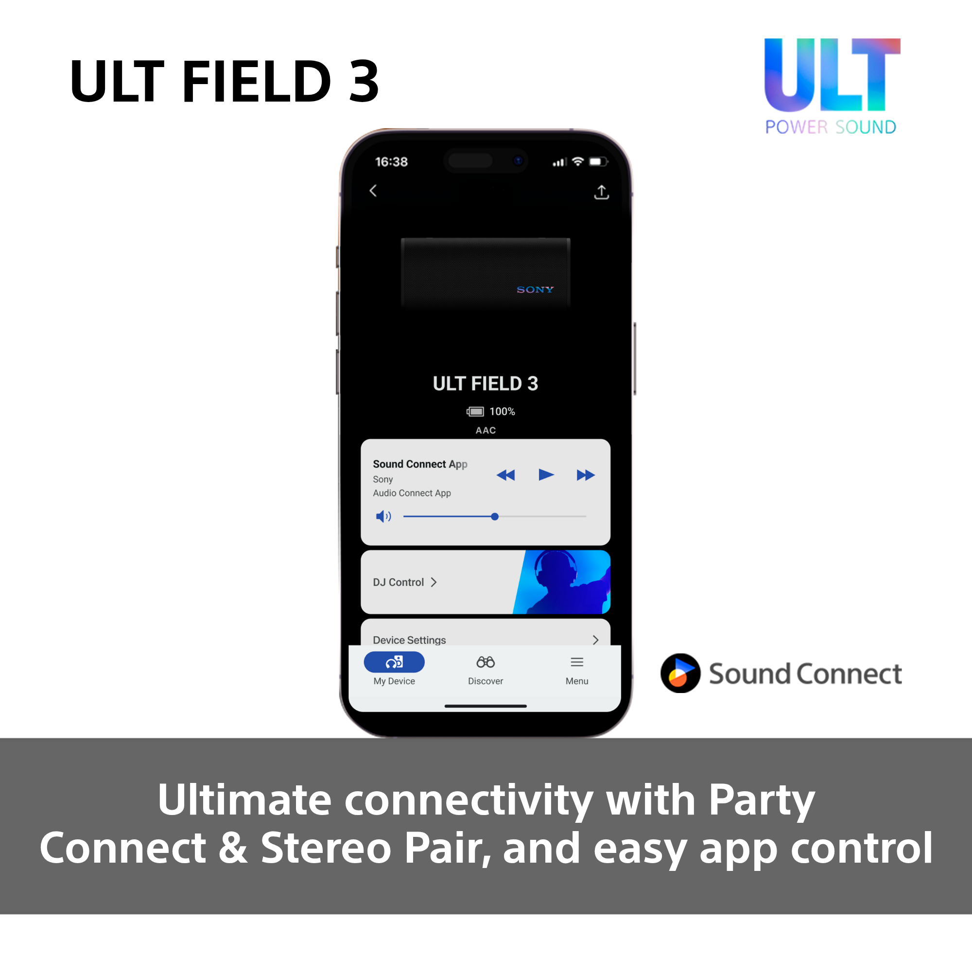 Vue de l'application Sony ULT FIELD 3 avec commandes et logo.