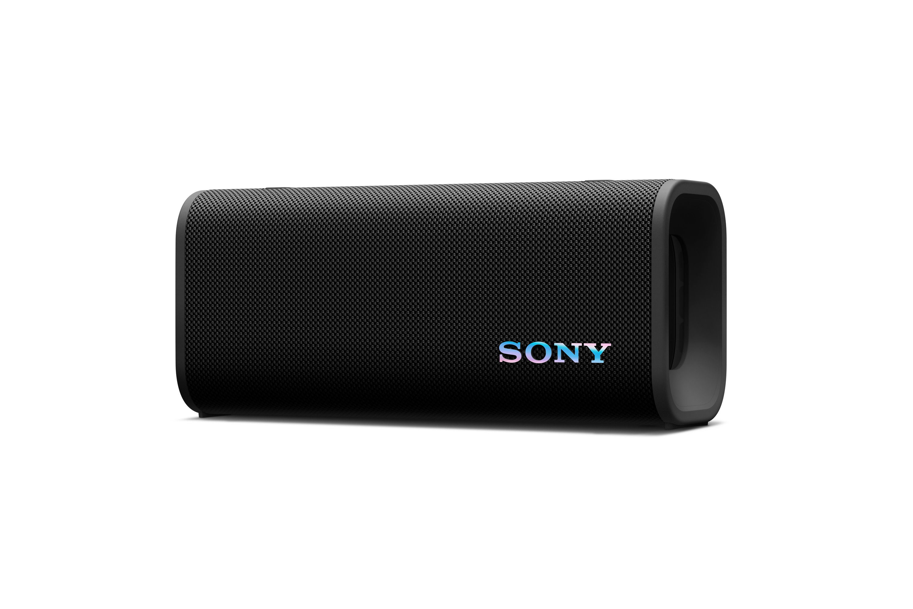 Enceinte Sony noire avec logo lumineux sur fond blanc.