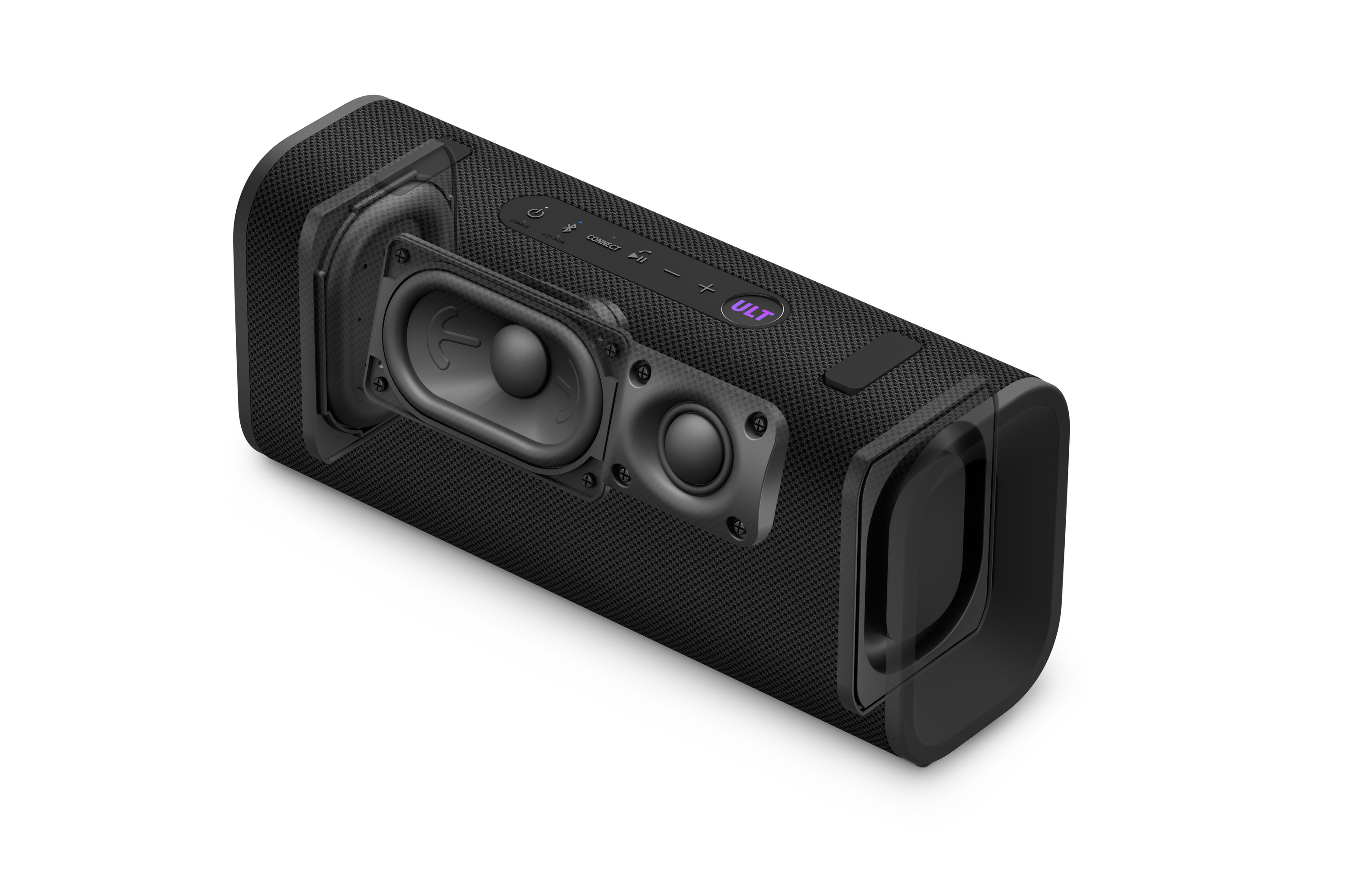 Enceinte Bluetooth noire avec haut-parleurs et boutons visibles.